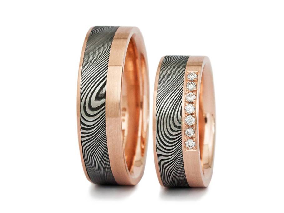 Trauringpaar Damaszenerstahl Roségold mit Brillanten 0,105ct