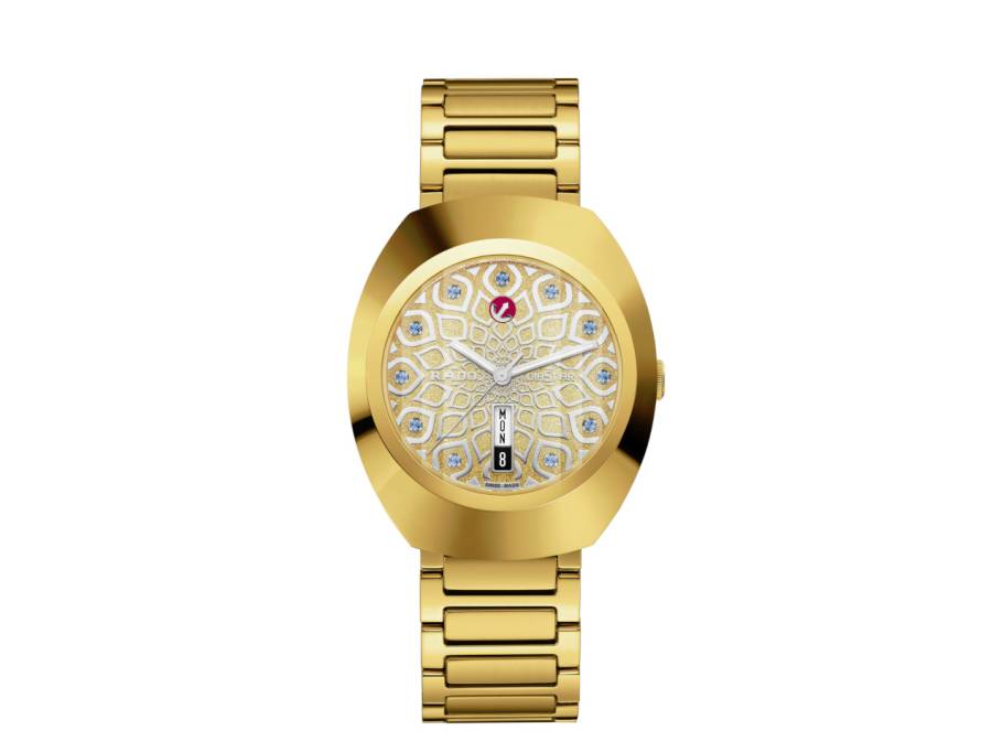 DiaStar Original Automatik Edelstahl beschichtet 38mm gelbgoldfarbenes Zifferblatt mit Zirkonia Metallband beschichtet
