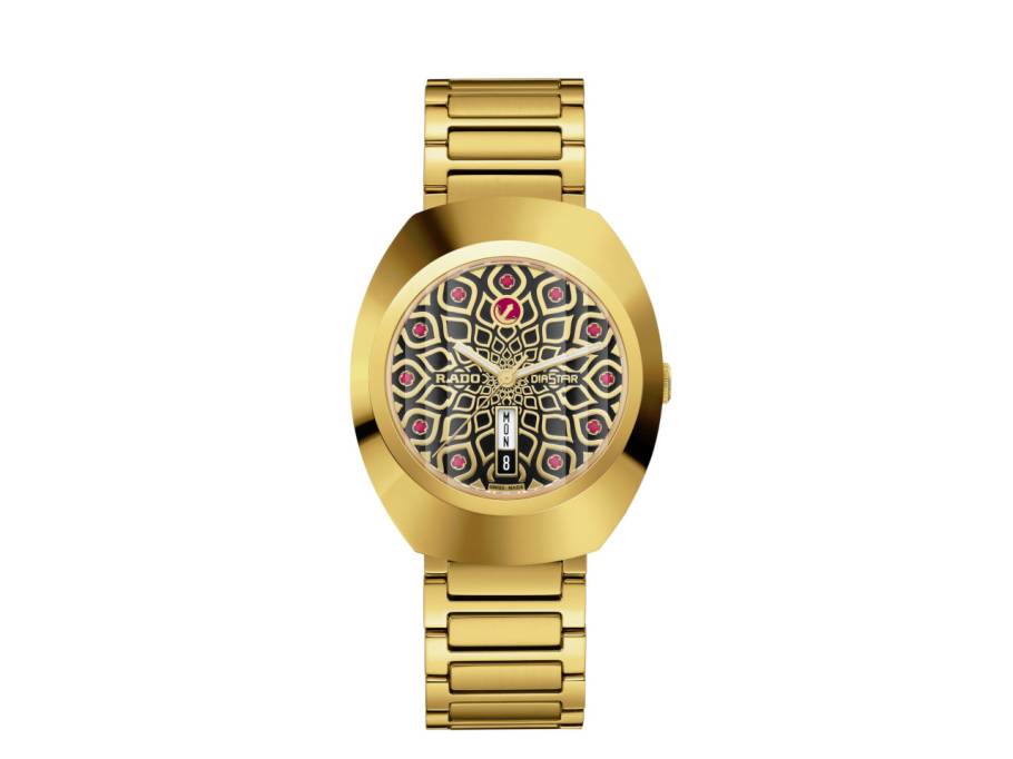  DiaStar Original Automatik Edelstahl beschichtet 38mm schwarz-goldfarbenes Zifferblatt mit Zirkonia Metallband beschichtet