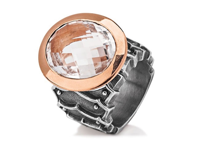 Sternenglanz und Schattentanz Ring Rüstungsring groß Bergkristall Silber Vintage rotgoldplattiert