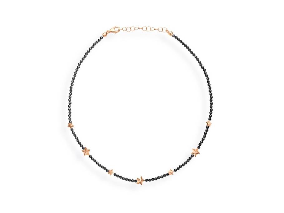 Sternenglanz und Schattentanz Collier Sterne und Kalotten Onyx rotgoldplattiert