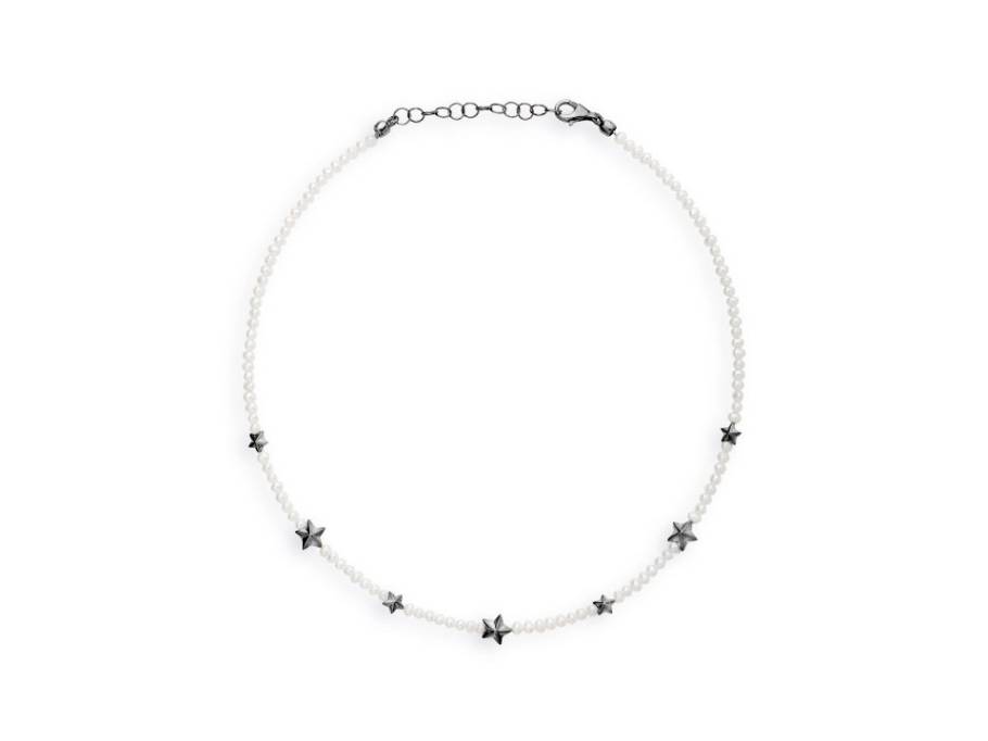 Sternenglanz und Schattentanz Collier Sterne und Kalotten Süßwasserbutton Silber Vintage