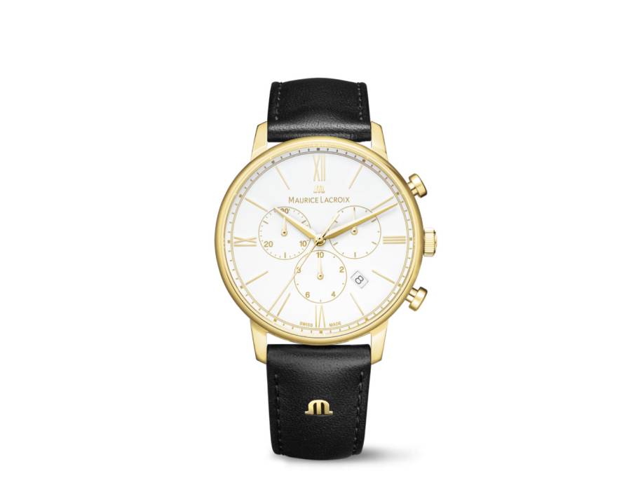  Eliros Chronograph Edelstahl gelbgoldfarben beschichtet 40mm weißes Zifferblatt schwarzes Lederband