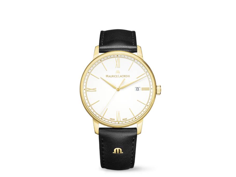  Eliros Date Edelstahl gelbgoldfarben beschichtet 40mm weißes Zifferblatt schwarzes Lederband