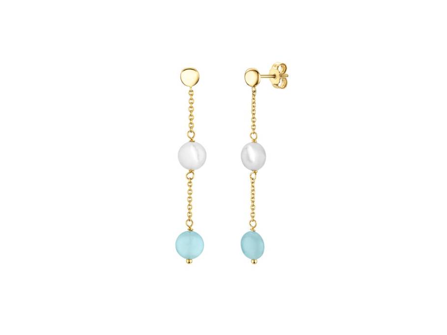 Ohrhänger Gelbgold mit blauem Quarz und Perlmutt