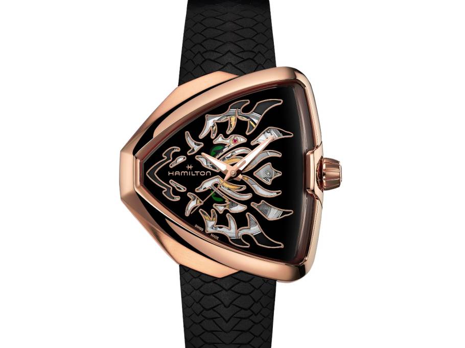 Ventura Elvis80 Skeleton Dragon Auto Edelstahl roségold beschichtet schwarzes Zifferblatt schwarzes Kautschukband