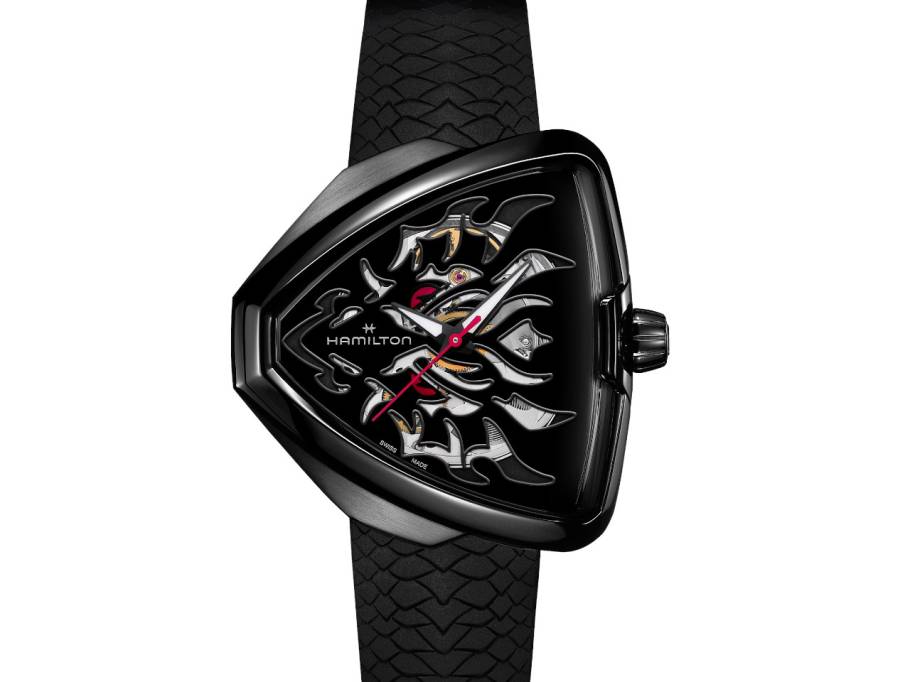 Ventura Elvis80 Skeleton Dragon Auto Edelstahl schwarz beschichtet schwarzes Zifferblatt schwarzes Kautschukband
