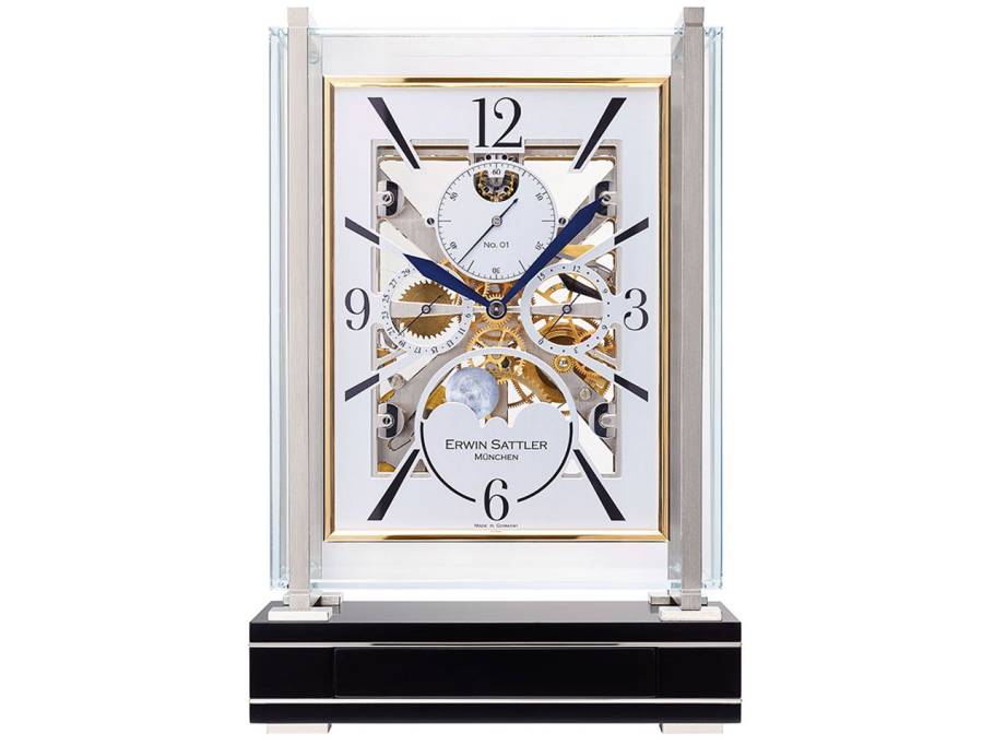 Tischuhr Opera chrom gelbgold skelettiert