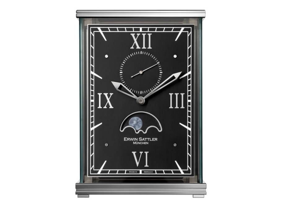 Lunaris II Tischuhr Handaufzug Edelstahl 23cm schwarzes Zifferblatt