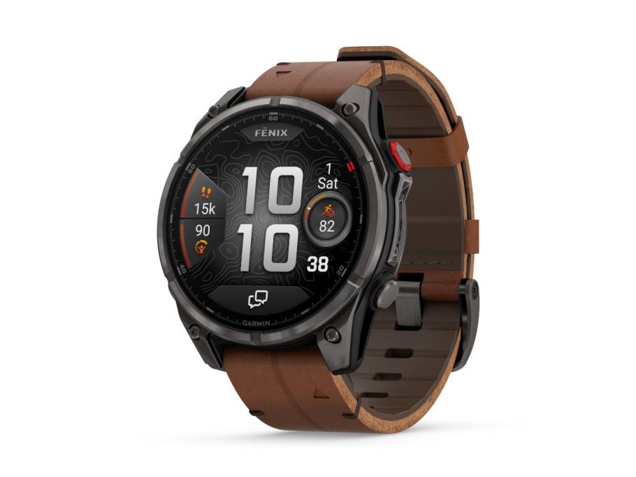   fenix 8 Pro AMOLED faserverstärktes Polymer und Titan DLC-Carbongrau 47mm digitales Zifferblatt braunes Lederband