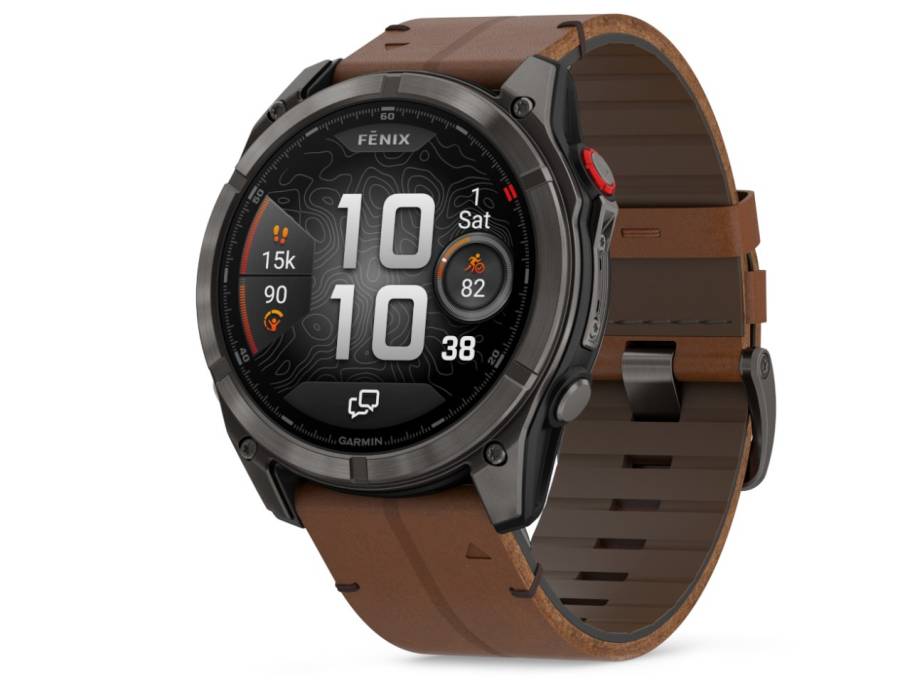   fenix 8 Pro AMOLED faserverstärktes Polymer und Titan DLC-Carbongrau 51mm digitales Zifferblatt braunes Lederband