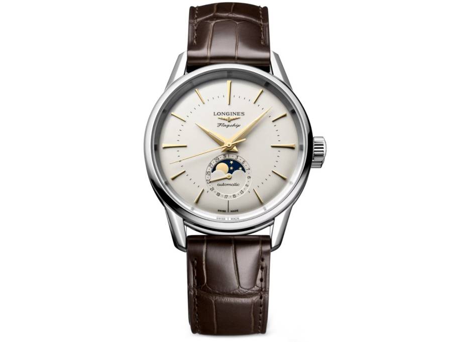 Flagship Heritage Automatik Edelstahl 38,5mm silber-goldenes Zifferblatt Mondphase braunes Lederband