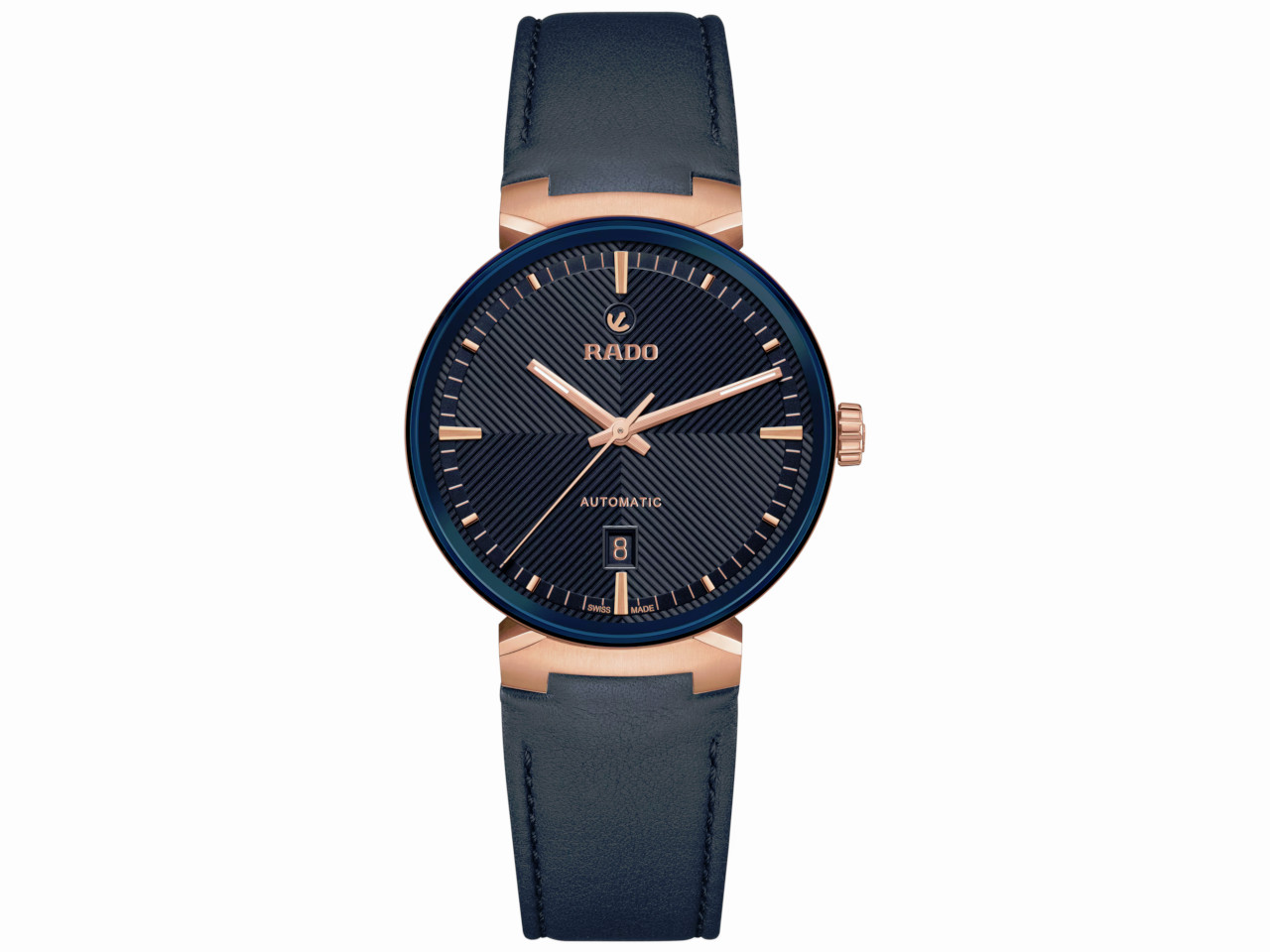 Florence Automatik Edelstahl rosegoldfarben beschichtet 39 mm dunkelblaues Zifferblatt dunkelblaues Lederband