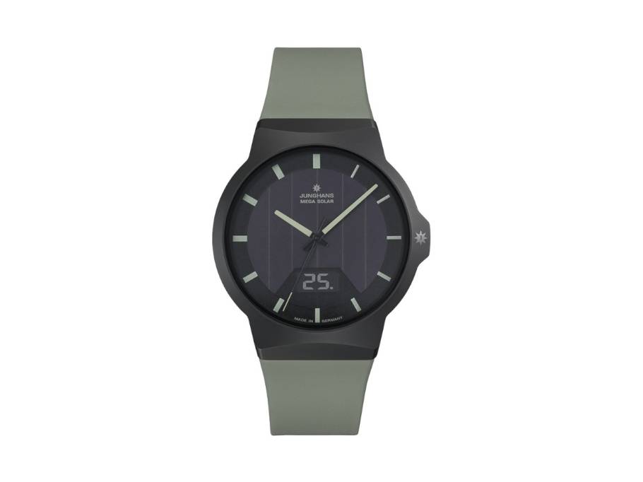 Force Mega Solar Funkuhr Keramik 40mm schwarzes Zifferblatt grünes Kautschukband