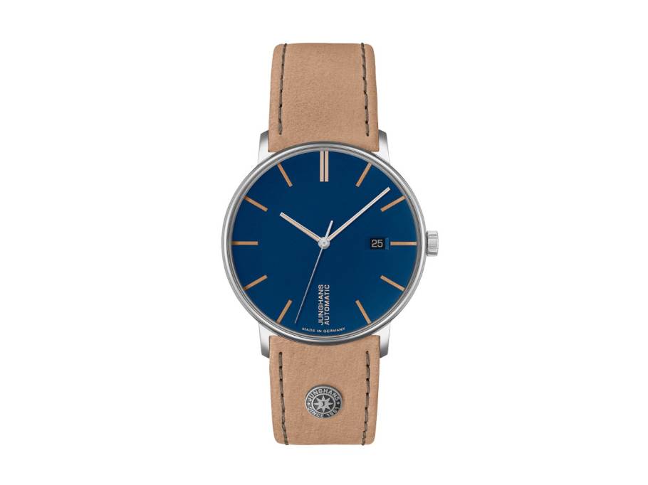 FORM A Datum Automatik Edelstahl 39mm blaues Zifferblatt braunes Lederband