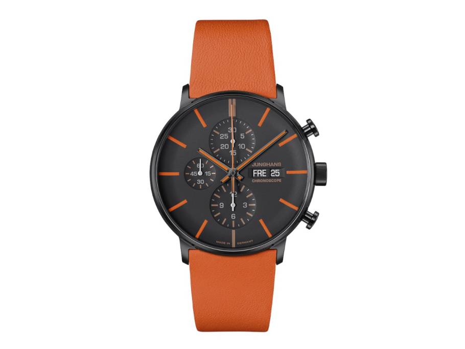  FORM A Chronoscope Automatik Edelstahl PVD-Schwarz 42mm schwarzes Zifferblatt orangenes Lederband