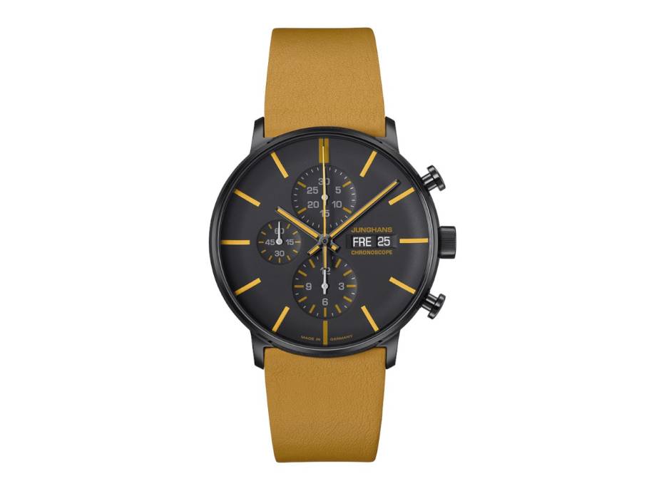  FORM A Chronoscope Automatik Edelstahl PVD-Sschwarz 42mm schwarzes Zifferblatt gelbes Lederband