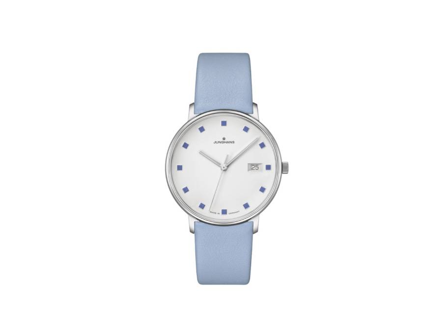 FORM Damen Quarz Edelstahl 34mm versilbertes Zifferblatt blaues Lederband