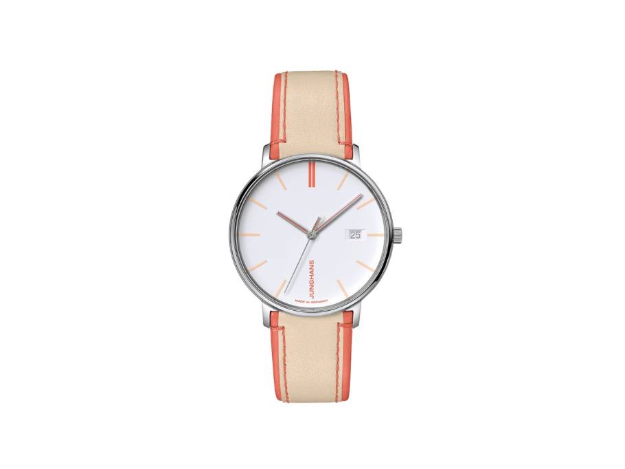 FORM Damen Quarz Edelstahl 34mm weißes Zifferblatt oranges Lederband