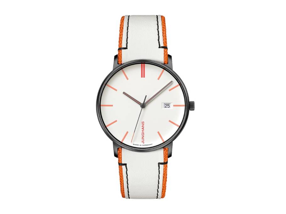 FORM Quarz Edelstahl PVD-Schwarz 39,9mm weißes Zifferblatt weiß-oranges Lederband