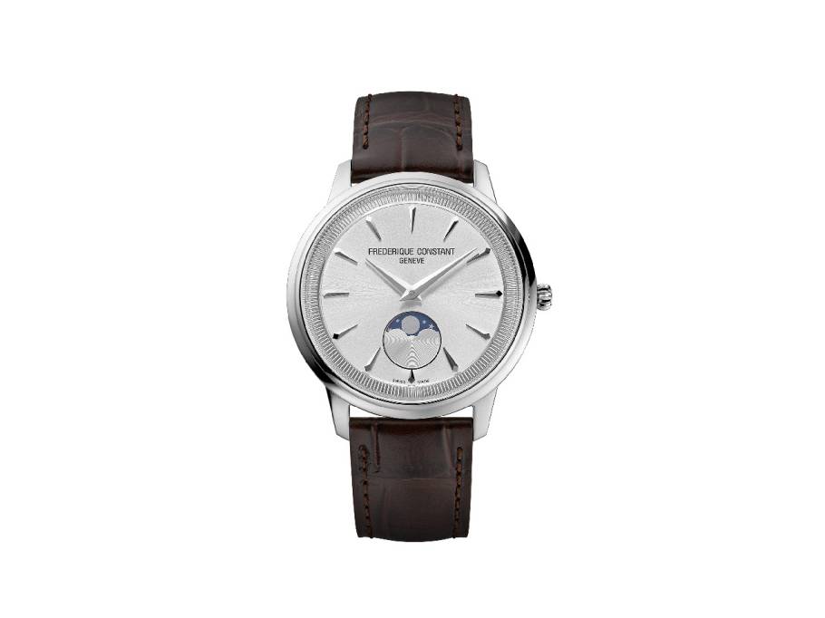 Classics Moneta Moonphase Quarz 37mm silberfarbenes Zifferblatt braunes Lederband