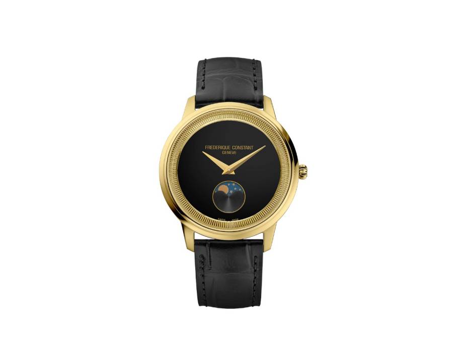 Classics Moneta Moonphase Quarz Edelstahl Gelbgold-PVD 37mm schwarzes Zifferblatt schwarzes Lederband