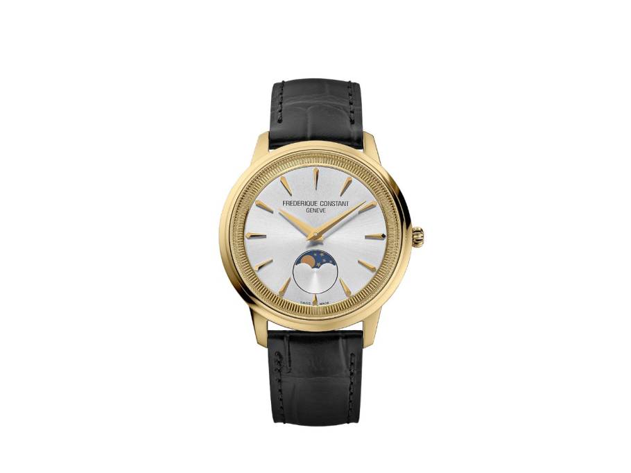 Classics Moneta Moonphase Quarz Edelstahl Gelbgold-PVD 37mm weißes Zifferblatt schwarzes Lederband