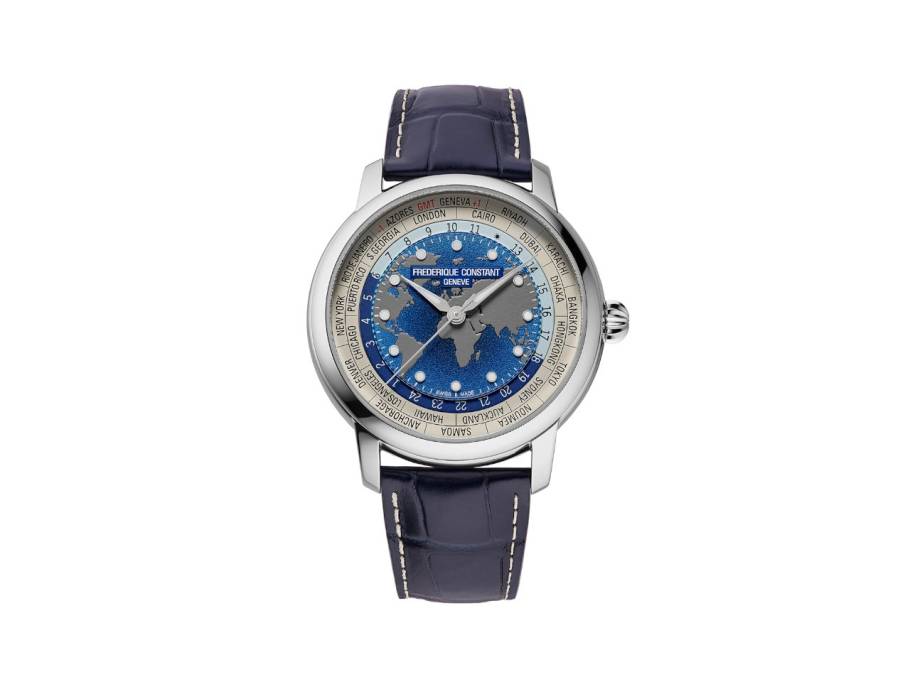 Manufacture Classic Worldtimer Automatik Edelstahl 40mm blaues Zifferblatt blaues Lederband