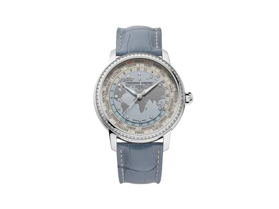Manufacture Classic Worldtimer Automatik Edelstahl 40mm blaues Zifferblatt mit Brillanten blaues Lederband limitiert