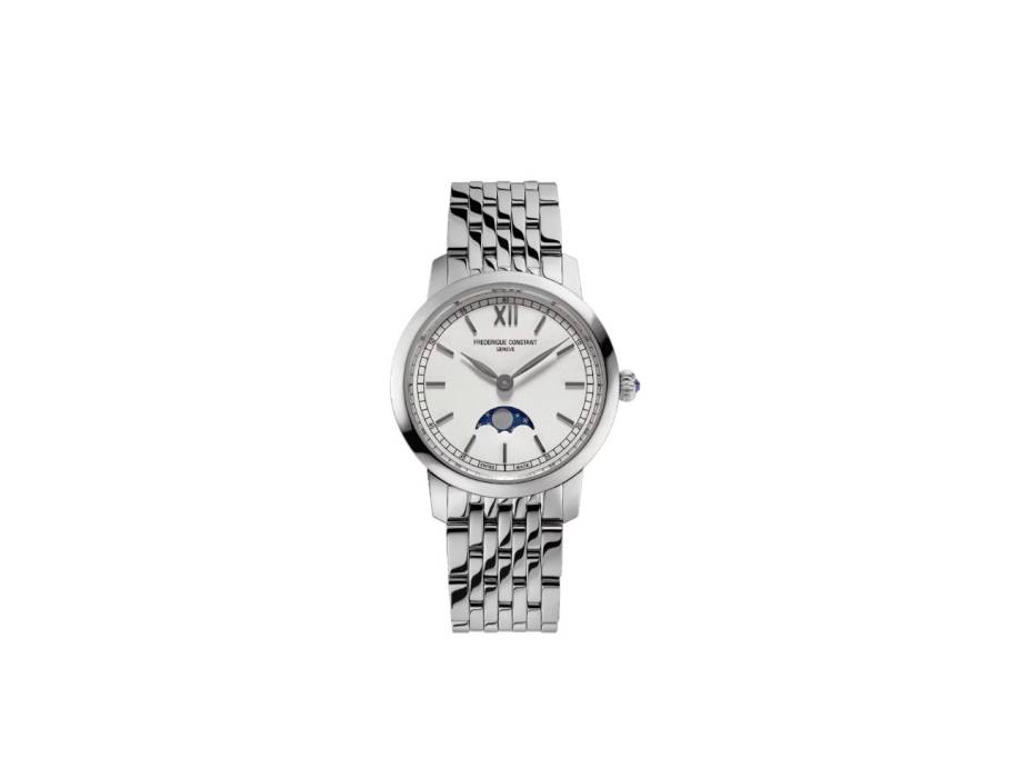 Slimline Ladies Moonphase Quarz Edelstahl 30mm weißes Zifferblatt Metallband