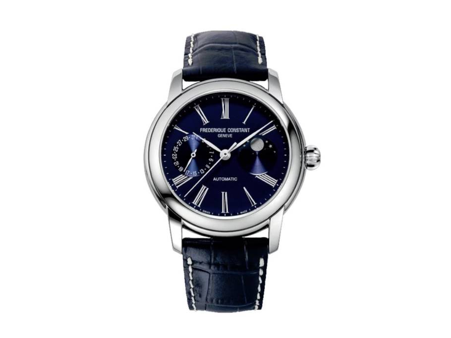 Classics Moonphase Manufacture Automatik Edelstahl 42mm blaues Zifferblatt blaues Lederband