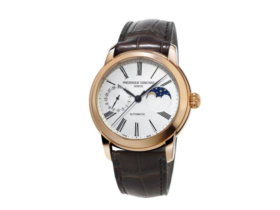 Classics Moonphase Manufacture Automatik Edelstahl Roségold-PVD 42mm weißes Zifferblatt braunes Lederband