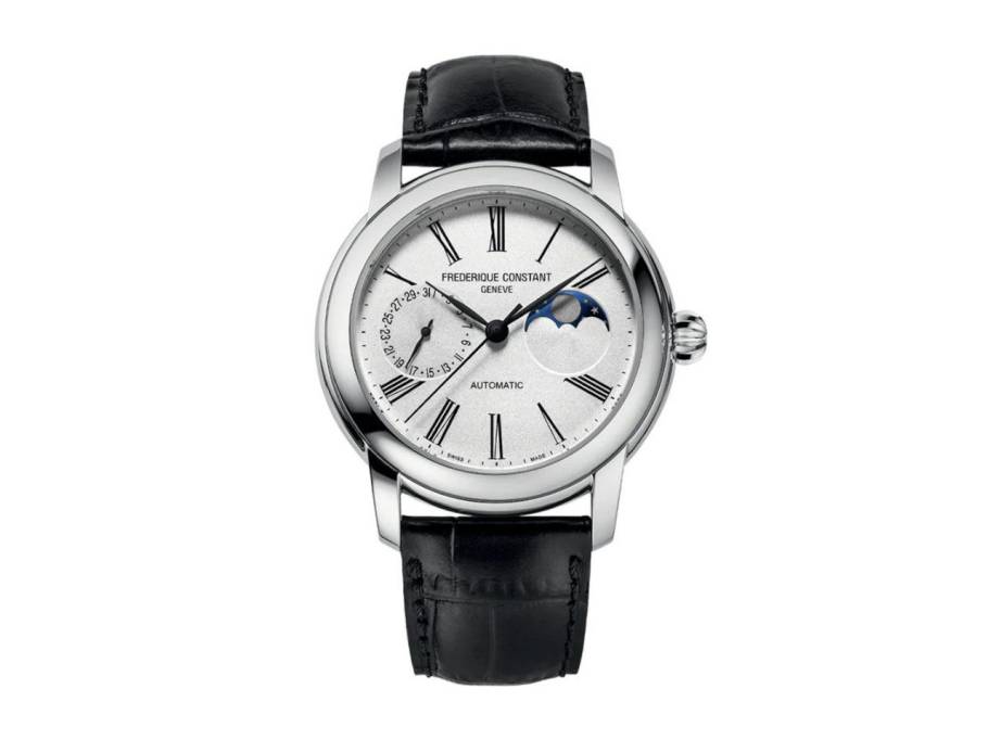 Classics Moonphase Manufacture Automatik Edelstahl 42mm silberfarbenes Zifferblatt blaues Lederband