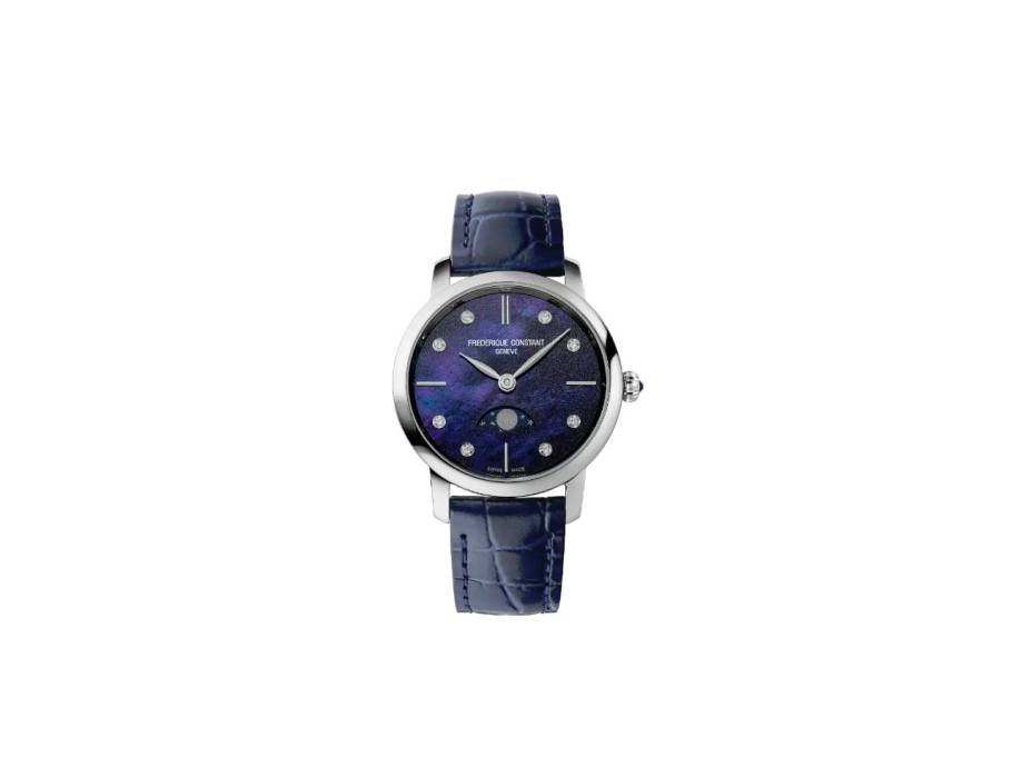 Slimline Ladies Moonphase Quarz Edelstahl 30mm Perlmutt-Zifferblatt blaues Lederband