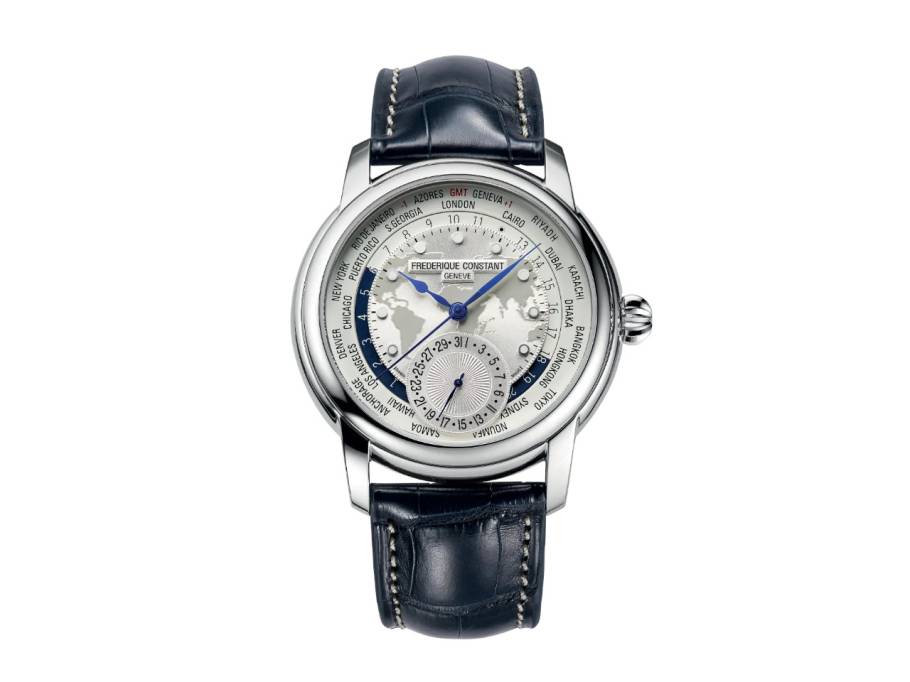 Classics Worldtimer GMT Manufacture Automatik Edelstahl 42mm weißes Zifferblatt blaues Lederband