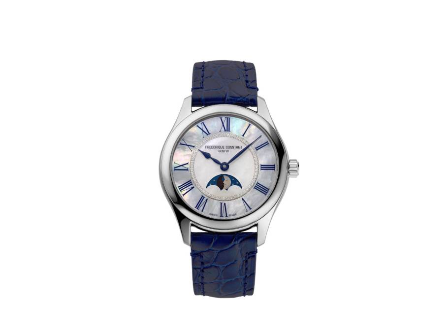 Classics Elegance Luna Automatik Edelstahl 36mm weißes Zifferblatt blaues Lederband