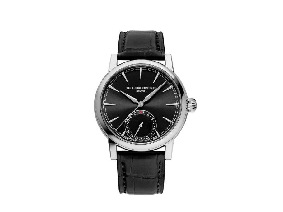 Classic Date Manufacture Automatik Edelstahl 40mm schwarzes Zifferblatt schwarzes Lederband