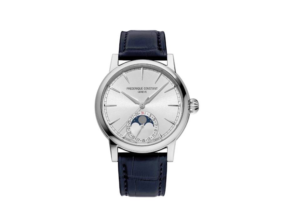 Classic Moonphase Date Manufacture Automatik Edelstahl 40mm silberfarbenes Zifferblatt blaues Lederband