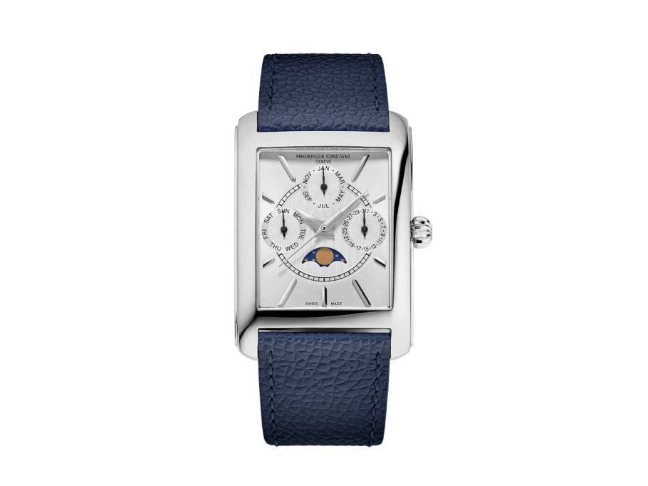 Classics Carree Calendar Moonphase Quarz Edelstahl 42x30mm weißes Zifferblatt blaues Lederband