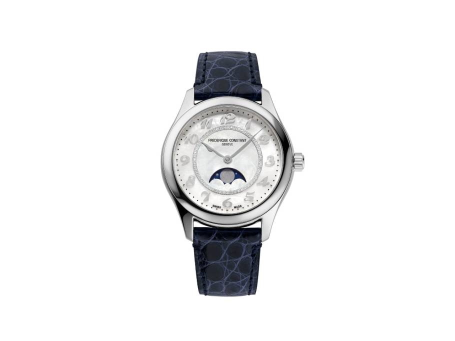 Classics Elegance Luna Automatik Edelstahl 36mm weißes Zifferblatt blaues Lederband