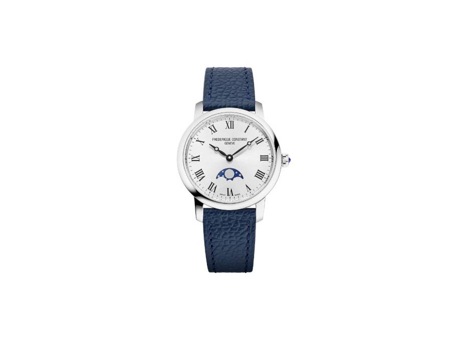 Classics Slimline Ladies Moonphase Quarz Edelstahl 30mm weißes Zifferblatt blaues Lederband