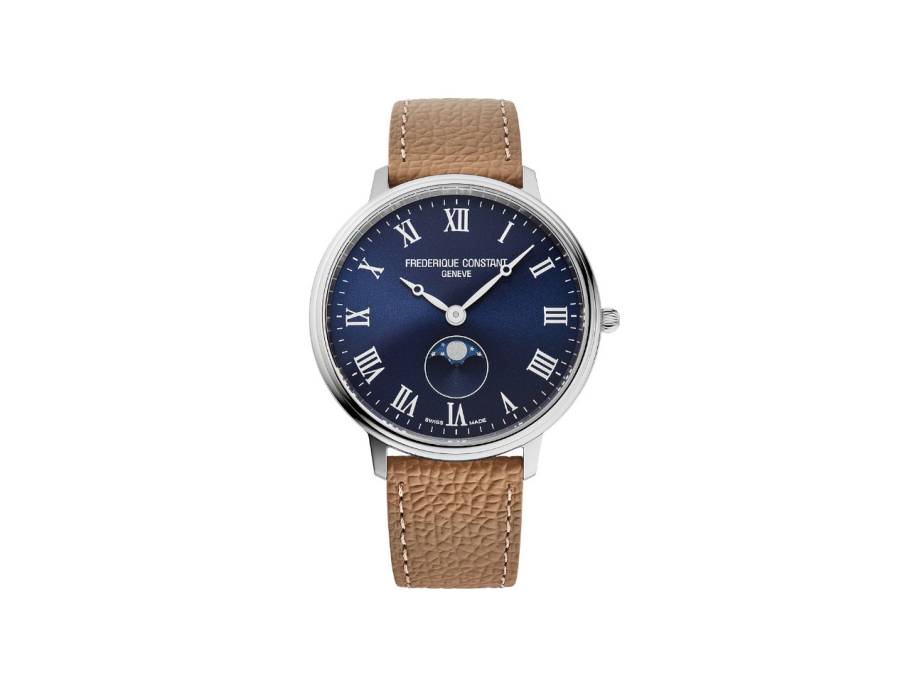 Classics Moonphase Quarz Edelstahl 39mm blaues Zifferblatt braunes Lederband