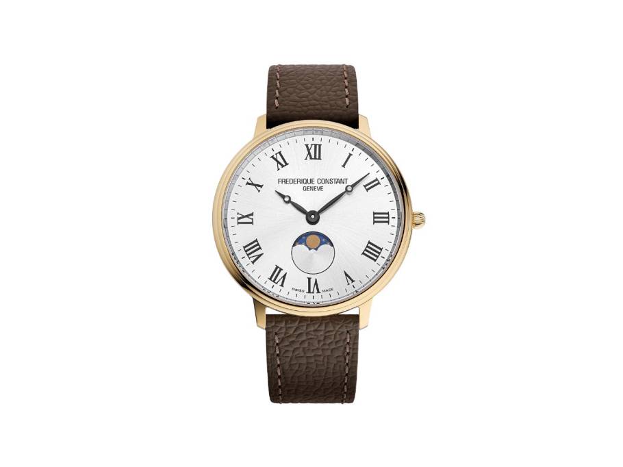 Classics Moonphase Quarz Edelstahl GG-PVD 39mm weißes Zifferblatt braunes Lederband