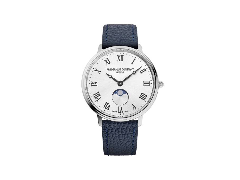 Classics Moonphase Quarz Edelstahl 39mm weißes Zifferblatt blaues Lederband