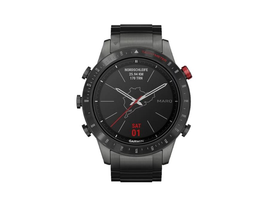 MARQ Driver digital gebürstetes schwarzes 46 mm Hybrid-Titanarmband mit roten Elastomer-Verbindungen