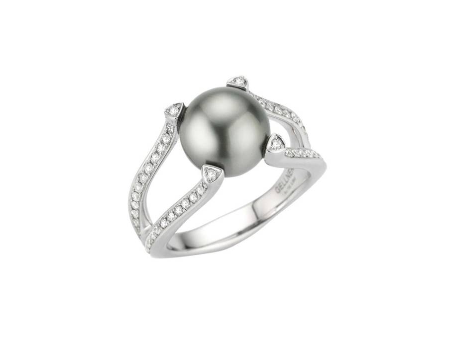Wave Ring Weißgold mit Tahitiperle und Brillanten 0,584ct