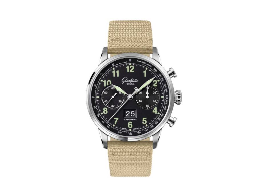 Senator Chronograph Navigator Automatik Edelstahl 41mm schwarzes Zifferblatt beiges Textilband