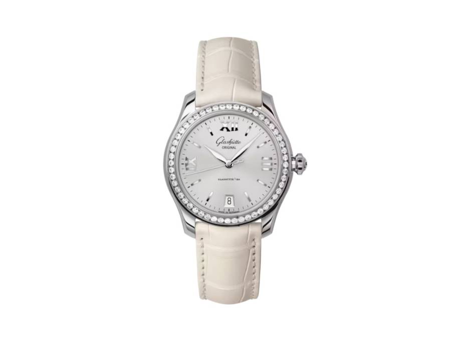 Lady Serenade Automatik Edelstahl 36mm silberfarbenes Zifferblatt mit Brillanten beiges Lederband