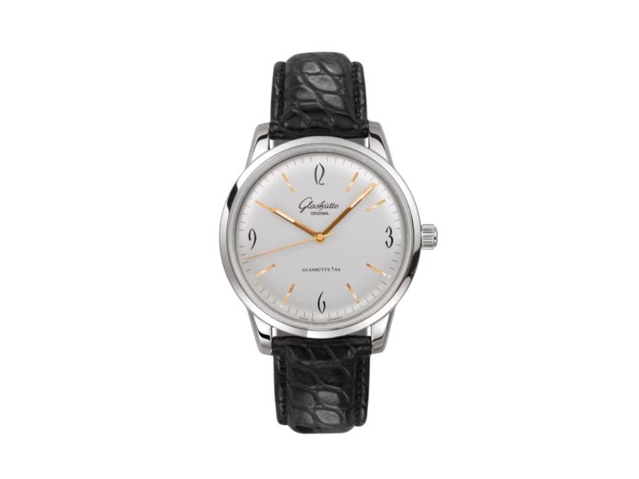 Sixties Automatik Edelstahl 39mm silberfarbenes Zifferblatt schwarzes Lederband