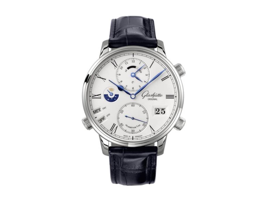Senator Cosmopolite Automatik Weißgold 44mm weißes Zifferblatt blaues Lederband